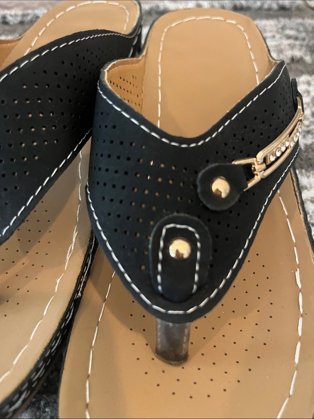 Black and Tan Embellished Thong Sandals - Picture 5 of 10